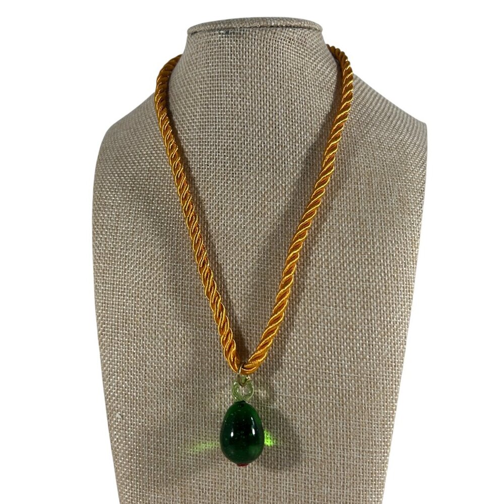 Notte Frutta Necklace Olive Hand Blown Glass Pendant Gold Tone Cord Artisan 16"